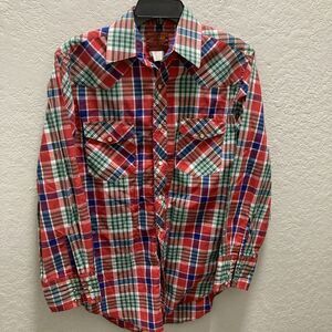 Rustler X Long Tails Western Pearl Snap Shirt Mens Small Red Plaid Cowboy Rodeo